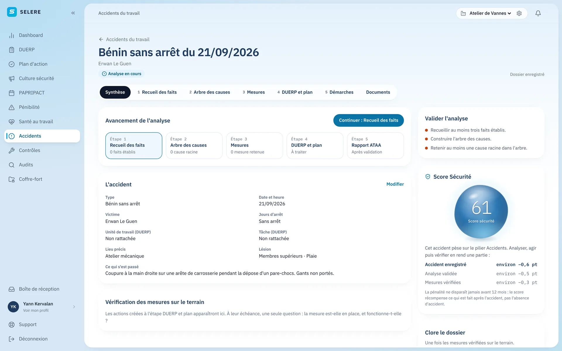 Dossier d’accident dans SELERE : étapes de l’analyse, faits, causes et mesures