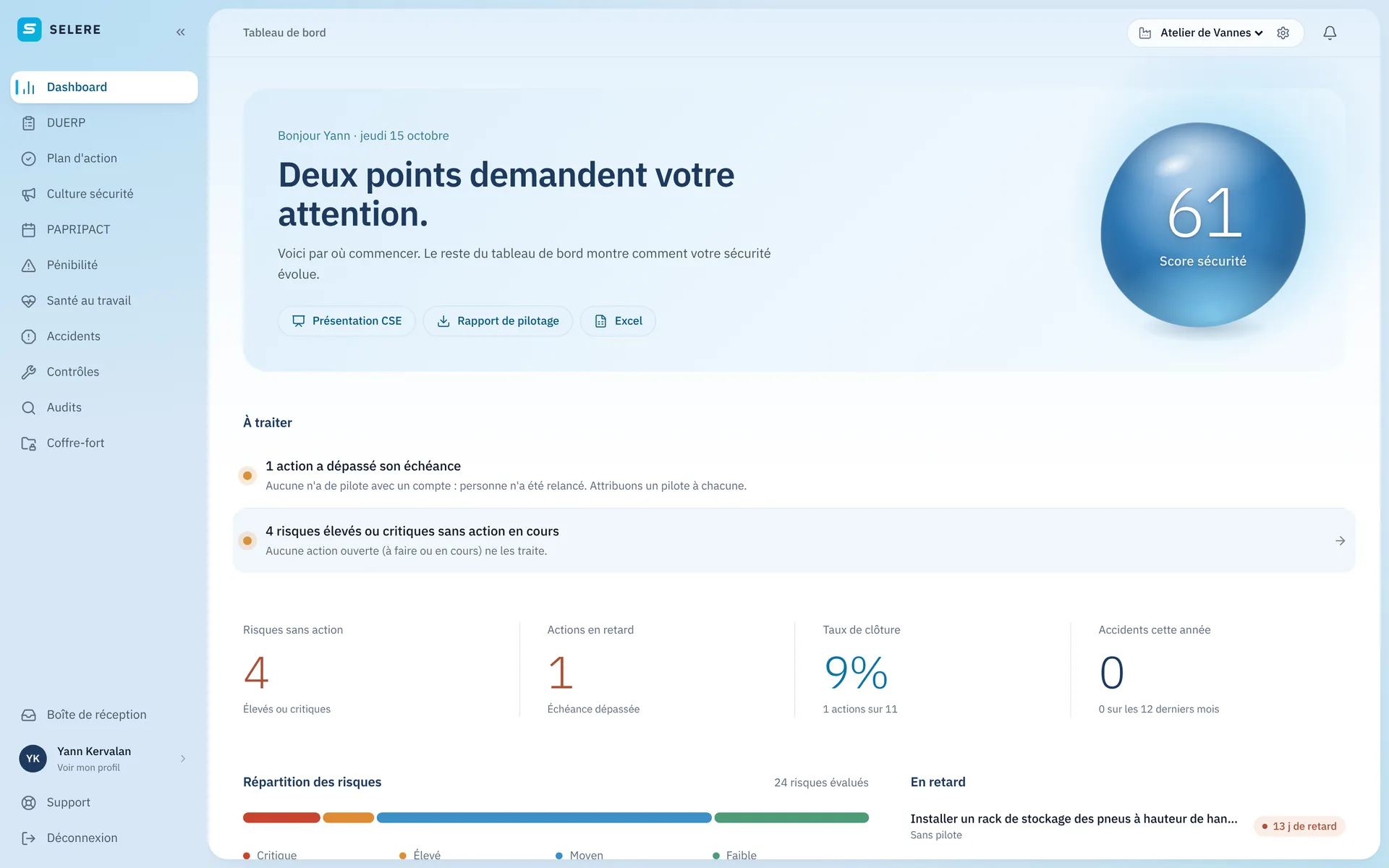 Tableau de bord SELERE : score de sécurité, actions en retard, risques sans action et accidents de l’année
