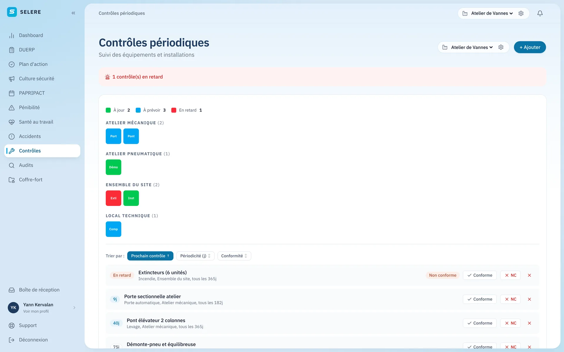 Contrôles périodiques dans SELERE : équipements par zone, contrôles à jour, à prévoir et en retard